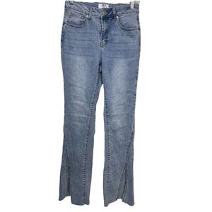 BBJ Los Angeles Jeans Womens Size 5 (27)Blue Flare Rhinestone Front Slit Raw Hem